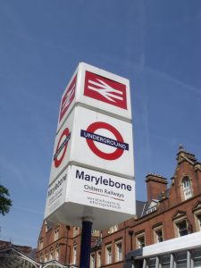 The marylebone tube station sign.